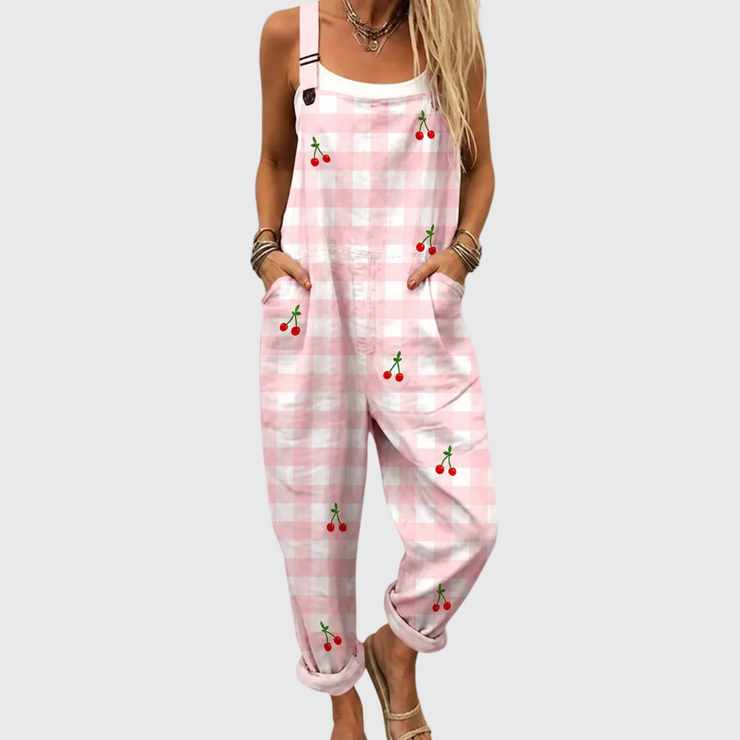 Birgitta – Rutig jumpsuit med körsbärsmönster