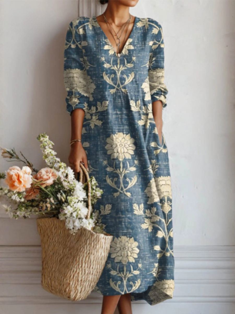 Hillevi – Lång klänning med vintagemönster