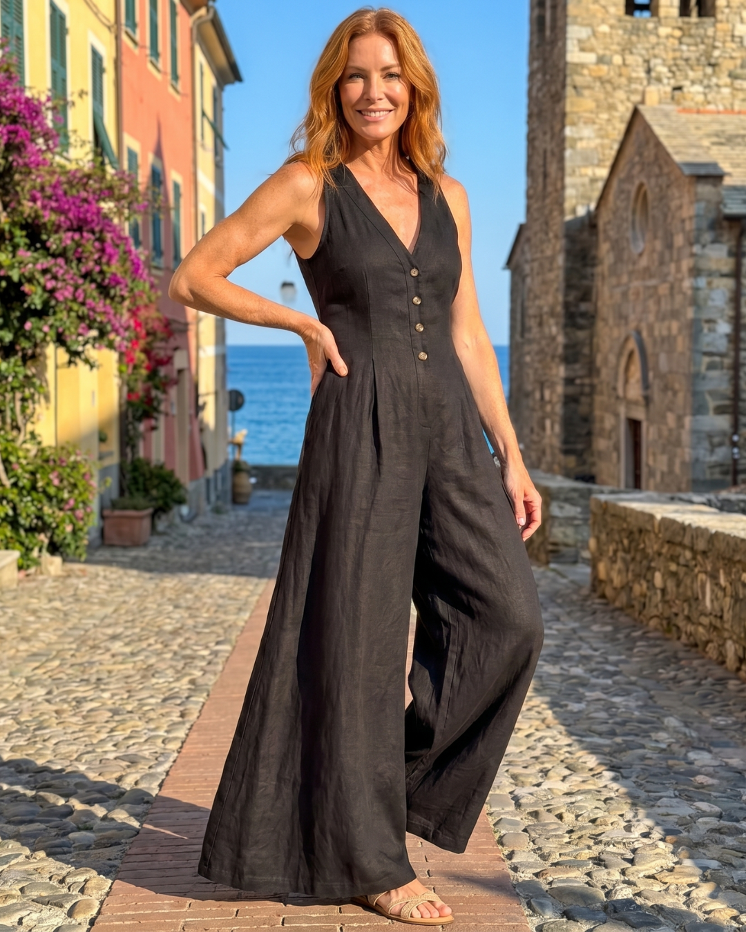 Lyssara | Knappar Fram Ärmlös Vidbenta Avslappnad Jumpsuit