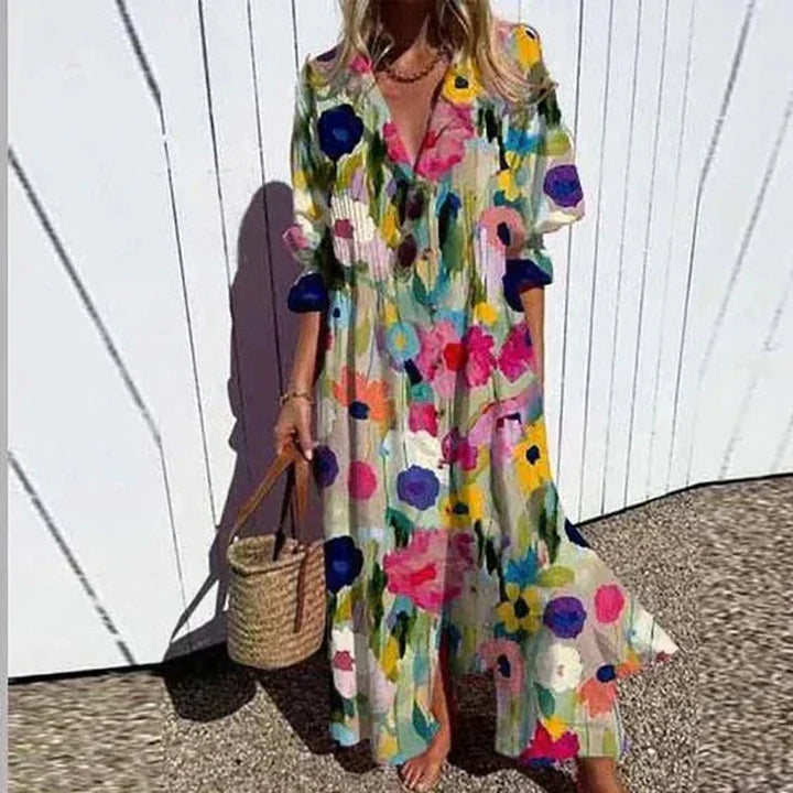 Solveig – Lång bohemisk klänning med blommönster