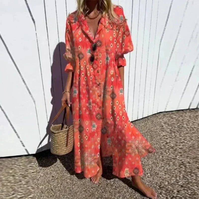 Solveig – Lång bohemisk klänning med blommönster