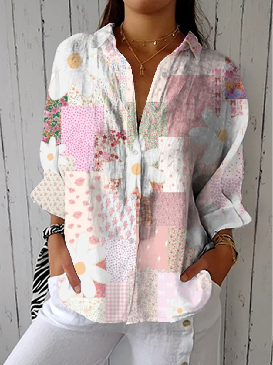 Selma – Patchworkblus med prästkragar i flera färger