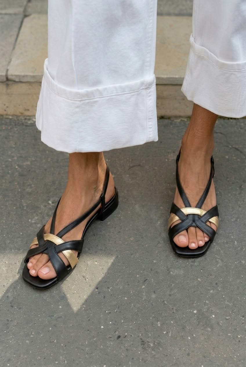 Sigrid – Slingback-sandal med korsade remmar och låg klack